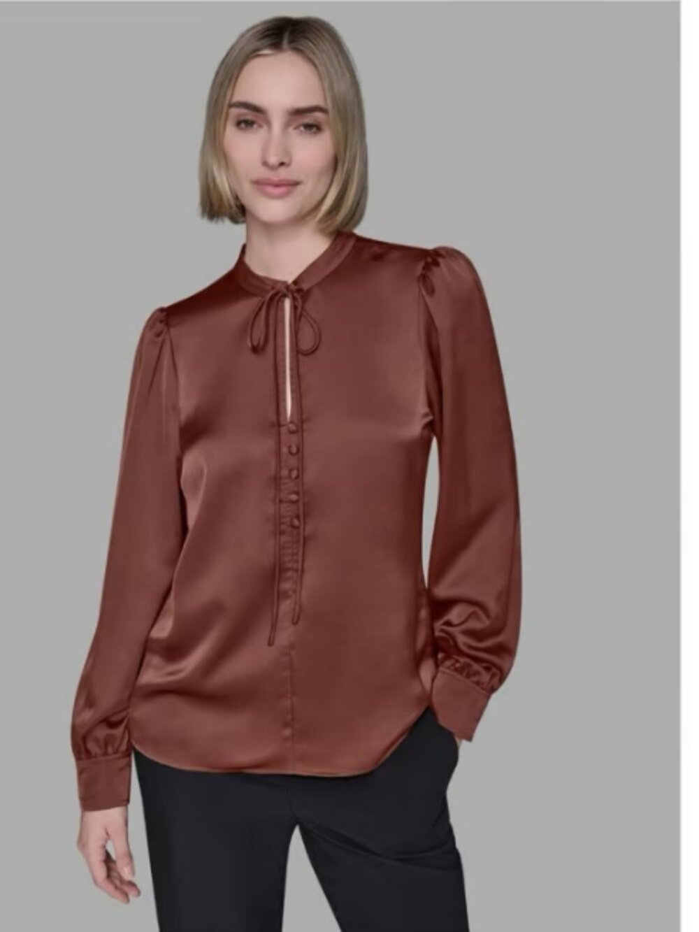 Karl Lagerfeld Paris Tie‑Neck Brown Blouse NWT Women’s XL - B182